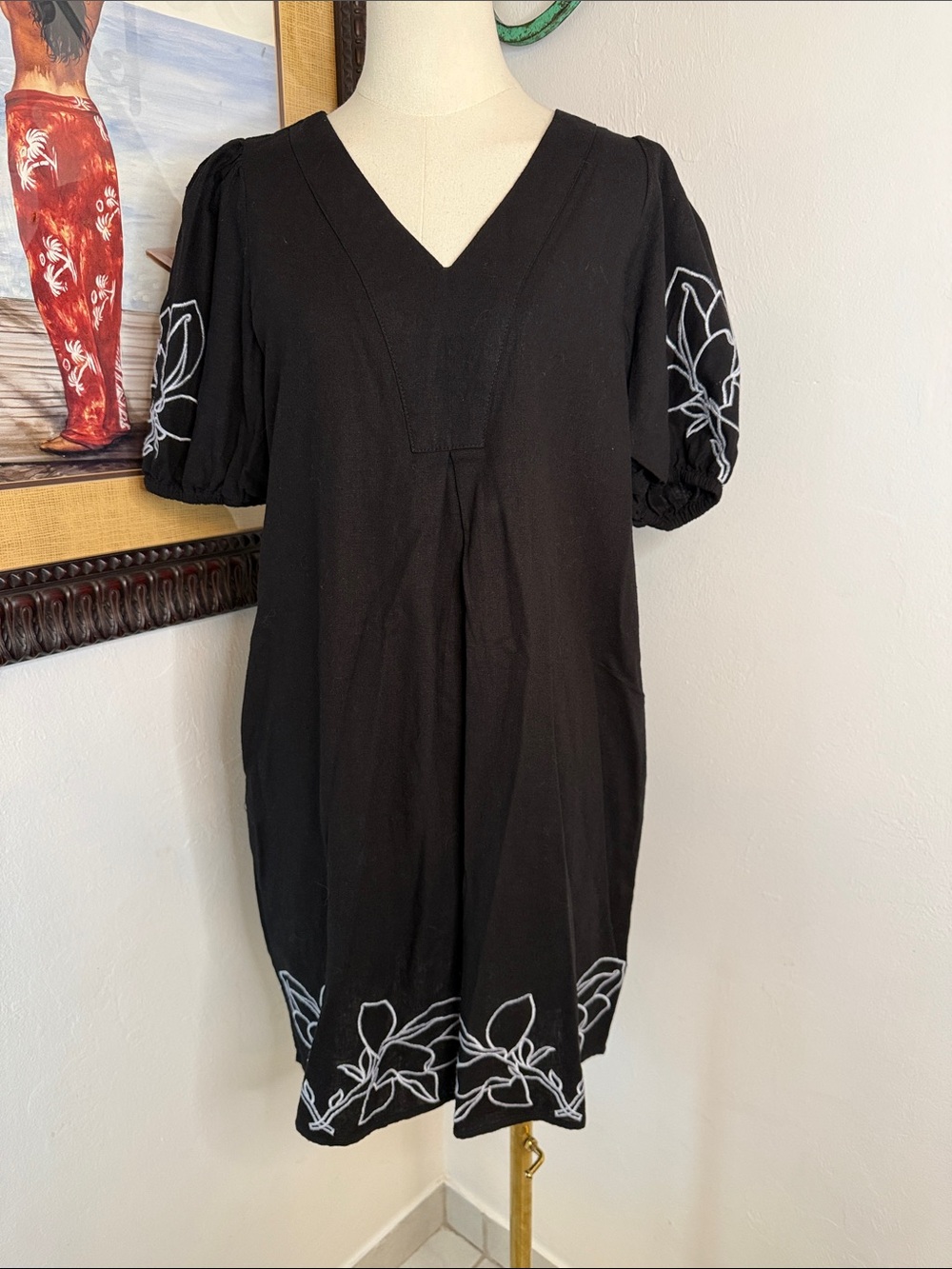 ForCynthia Black Linen Blend Embroidered Puff Sleeve Mini Dress